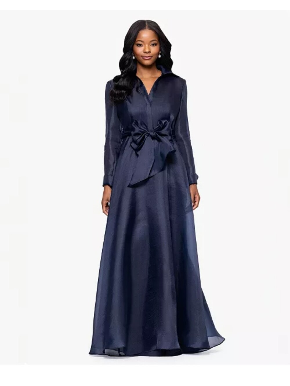 NWT Betsy & Adam Navy Blue Sheer Organza Wrap Maxi Dress 10P $279